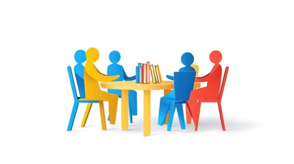 Minimalist vector of paper people having a discussion, concept of online library education, isolated on white, no logos.