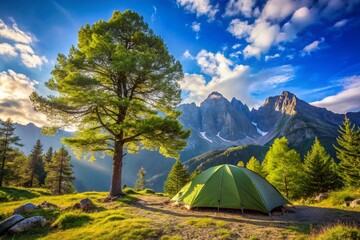 A green tent is set up in a grassy field with a tree in the background