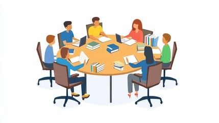 Online library concept with paper people in a business meeting, flat vector style, educational theme, isolated on white, no logo.