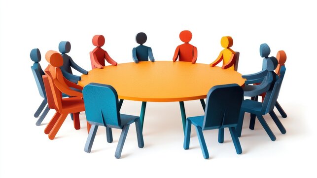 Paper people figures discussing at a round table, representing digital learning in an online library, flat vector, no logos, white background.