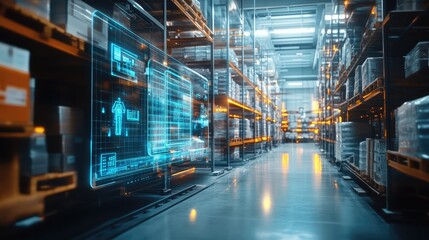 Modern warehouse with futuristic digital interface overlay showing inventory management and logistics processes.