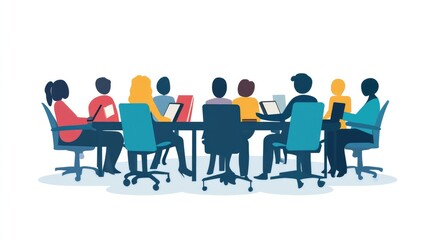 Paper people in a business meeting setting, representing online education and library access, flat vector, no logos, white background.