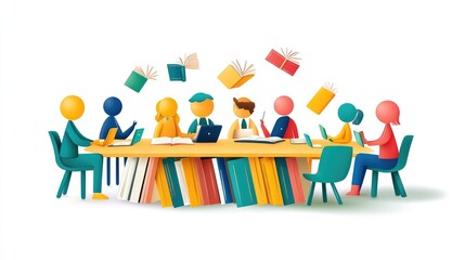 Paper people in a business meeting setting, representing the concept of online education and library access, no logos, isolated flat vector, white background.