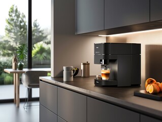 Kitchen with smart coffee maker, sleek design, and efficient space