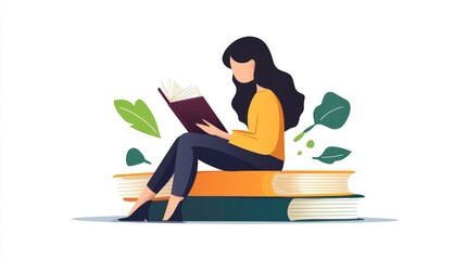 Paper woman reading a book, concept of online library and education, isolated flat vector design, white background, no people.