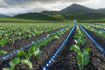 Obraz premium A digital twin of an agricultural field with virtual models of crops, irrigation systems, and soil health. The visualization, Generative AI