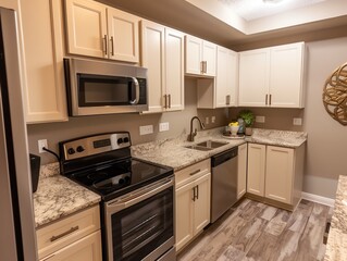 Fototapeta premium Kitchen with smart microwave, modern appliances, and efficient layout