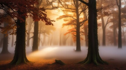 Fototapeta premium Autumn forest in fog with soft morning light