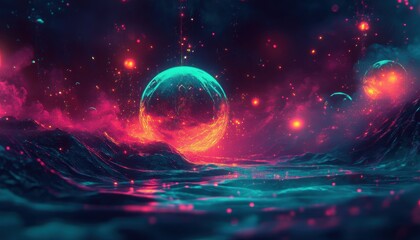 A mesmerizing cosmic landscape featuring vibrant colors, glowing planets, and a mystical atmosphere with shimmering stars.