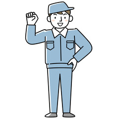 ガッツポーズをする作業着の男性