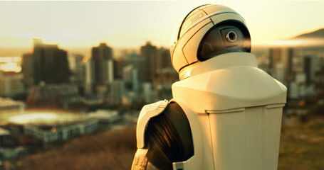 Back, city and planet with astronaut in space to search for extraterrestrial civilization. Explore, mission and universe with person in extravehicular mobility unit for discovery or mars journey