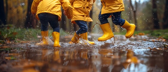 Children splashing in puddles, wearing yellow rain boots.