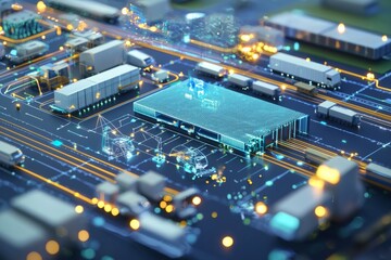 A digital twin technology visualization of a complex supply chain, including nodes for suppliers, transportation, and inventory, Generative AI
