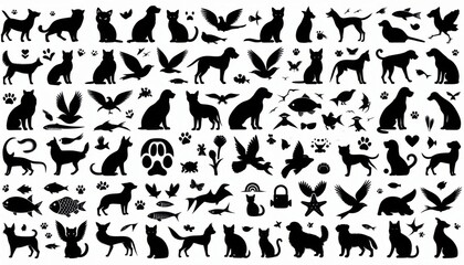 Naklejka premium A set of animal silhouette icons including cats, dogs, birds, and fish,