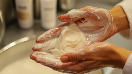 Close-up of hands cupping a dollop of creamy white soap suds.  A simple concept of cleanliness and hygiene.