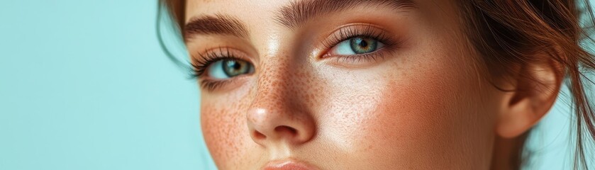 Obraz premium Close-up portrait of a woman with blue eyes and soft makeup.