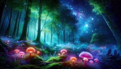Fototapeta premium A magical forest with glowing mushrooms, ethereal fog, and vibrant green trees under a starry sky, with soft purple and blue light, fantasy theme