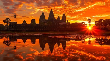 Naklejka premium A stunning sunrise casts golden hues over the ancient temple complex of Angkor Wat, reflecting off the tranquil water. The iconic silhouette of the temple towers emerges against the dawn sky, 