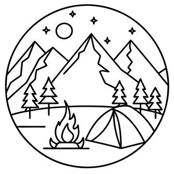 recommend clip art: campfire tent mountains outline coloring book page line art drawing