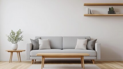 A light-filled living room with solid wood shelves, simple white walls, and a low wooden coffee table, 3D rendering, Airy and bright