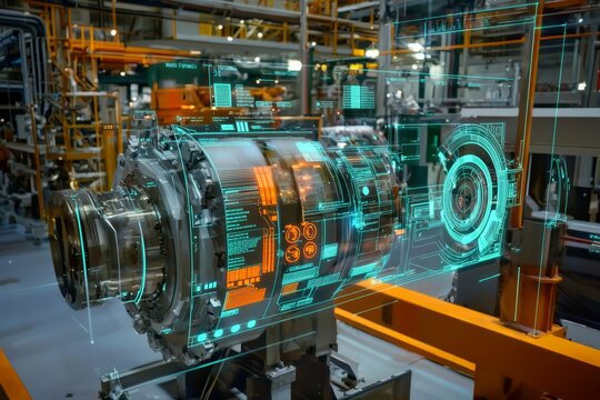 An industrial facility’s digital twin showing detailed machinery and equipment with performance metrics. The interface, Generative AI