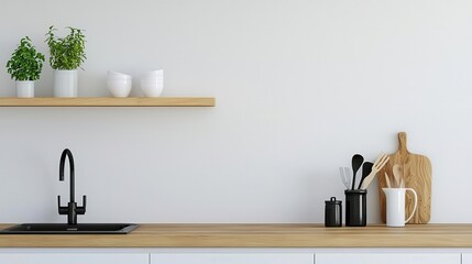 A minimalist kitchen with solid wood countertops, white cabinetry, and simple open shelving, Photorealistic, Bright and airy