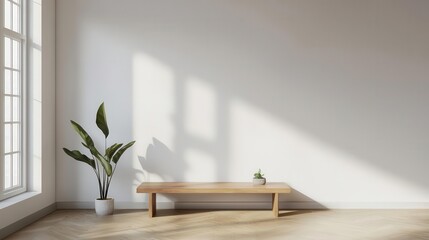 Fototapeta premium A light-filled living room with solid wood shelves, simple white walls, and a low wooden coffee table, 3D rendering, Airy and bright