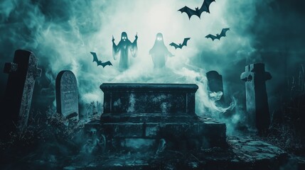 A spooky podium in the center of a haunted graveyard with ghostly apparitions floating, bats flying, and eerie light shining through the mist