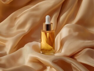 Naklejka premium Glass dropper bottle with golden liquid on a silky, smooth fabric background.
