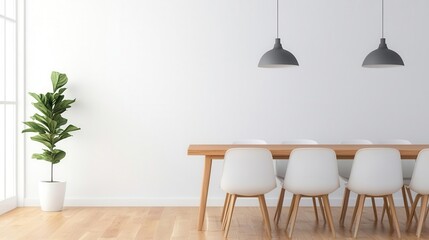 A minimalist dining area with a solid wood table, simple white chairs, and large windows bringing in natural light, Digital Art, Bright and modern