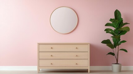 Fototapeta premium A bedroom with a solid wood dresser, soft pastel decor, and a minimalist round mirror above, Photorealistic, Warm and serene