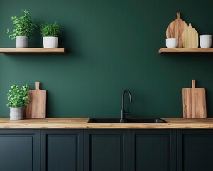 Obraz premium A modern kitchen with solid wood countertops, minimalist black cabinetry, and open shelving, 3D rendering, Sleek and warm