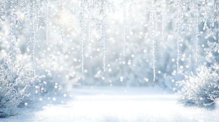 Frosty Branches and Snow-Covered Landscape with Bokeh Lights