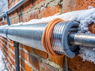 "Cold-temperature-resistant cable wrapped around exposed water pipe in metal casing, securing with clamps, providing winter freeze protection in exterior wall installation"
