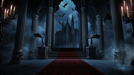 A vampire-themed podium with towering gothic columns, a dark red carpet, and bats swirling around a haunted castle