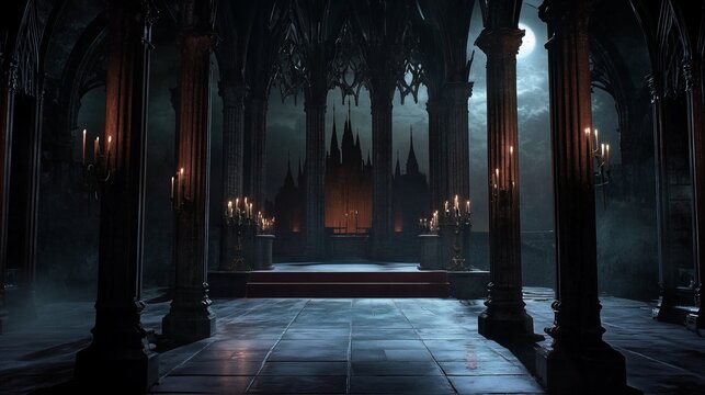 A vampire-themed podium with towering gothic columns, a dark red carpet, and bats swirling around a haunted castle - Powered by Adobe