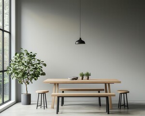 A cozy dining area with a solid wood table, matching benches, and soft lighting, 3D rendering, Warm and functional