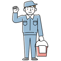 清掃道具を持ってガッツポーズする作業着の男性