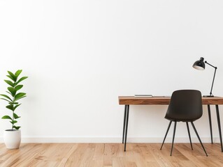A minimalist office with a solid walnut desk, sleek metal chair, and a simple floor lamp, 3D rendering, Sophisticated and functional
