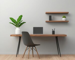 A modern office space with a solid walnut desk, minimalist shelving, and sleek black accents, 3D rendering, Functional and stylish