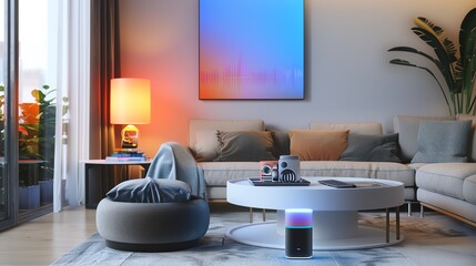 Living room with smart speakers, comfortable furniture, and stylish decor