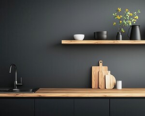 A modern kitchen with solid wood countertops, minimalist black cabinetry, and open shelving, 3D rendering, Sleek and warm