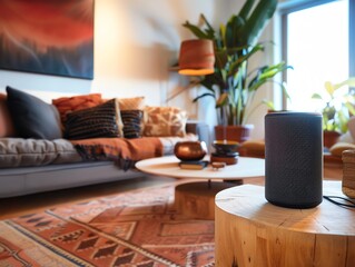 Living room with smart speakers, comfortable seating, and inviting atmosphere