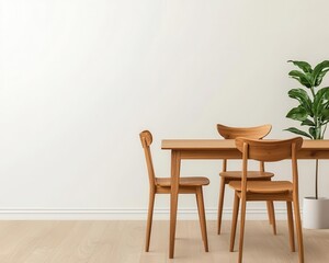 A solid wood dining table with matching wooden chairs in a bright minimalist dining room, large windows behind, Digital Art, Bright and clean