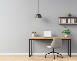 A minimalist office space with a solid wood desk, geometric bookshelf, and sleek metal accents, Photorealistic, Clean and organized