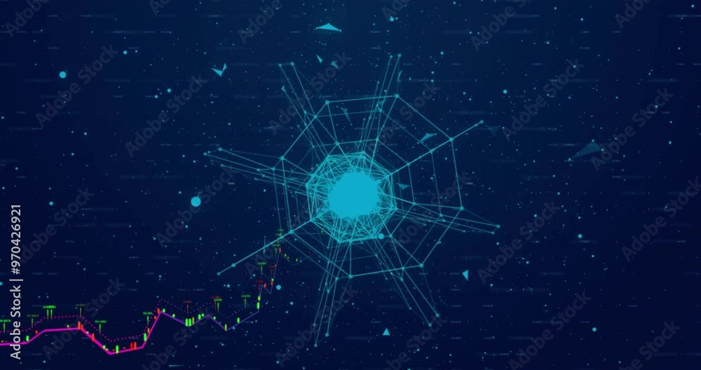 Poster animation of globe of connections and data processing on black background