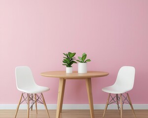 A cozy dining nook with a solid wood table, simple white chairs, and a soft pastel accent wall, Digital Art, Warm and inviting