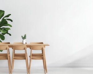 A solid wood dining table with matching wooden chairs in a bright minimalist dining room, large windows behind, Digital Art, Bright and clean