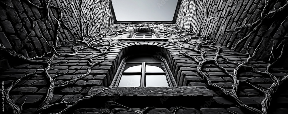 Wall mural Enigmatic abandoned castle surrounded by overgrown vines, black and white, line art, mysterious, forgotten, ruins, historical ::1.2 ivy-covered walls, broken windows, moonlit silhouette, hidden