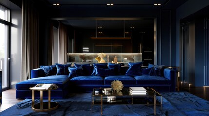 Modern dark blue living room interior design AI generated image